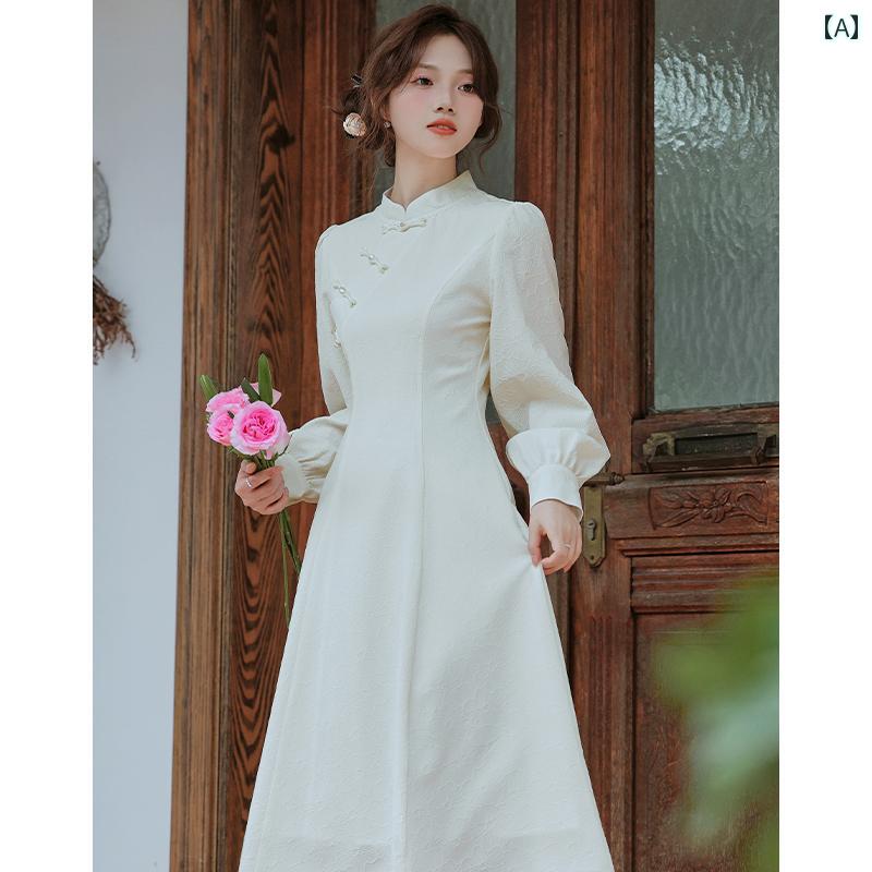 レディース ワンピース かわいい 写真撮影 衣装 スタンドカラー プレート バックル チャイナ ドレス 女性 春 中国 ジャカード インナー ミドル丈|セキュアデポ