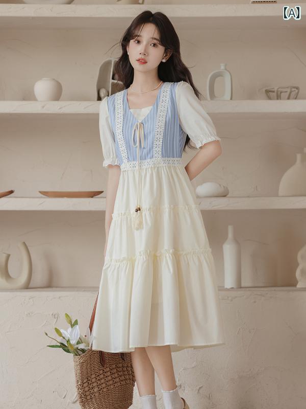 レディース 学生 ワンピース シンプル ナチュラル 重ね着風 夏 フリル フェアリー かわいい ガーリー カジュアル 森ガール