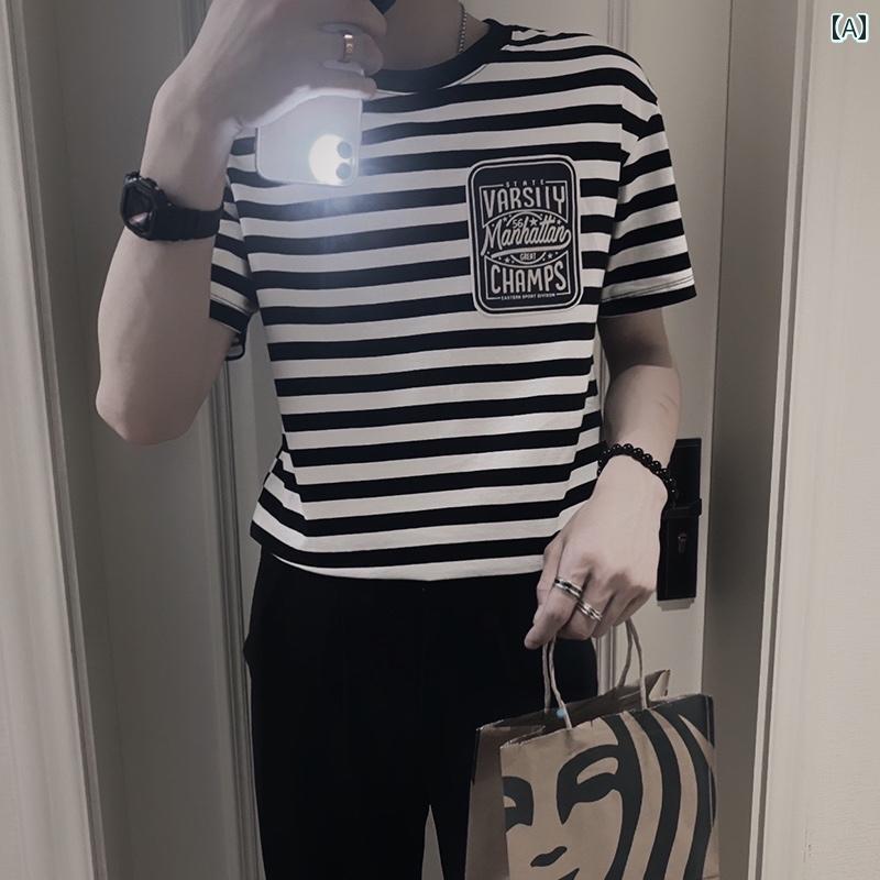メンズ ファッション トップス シャツ ストライプ Tシャツ カジュアル 半袖 夏 薄手 ストリート メンズ