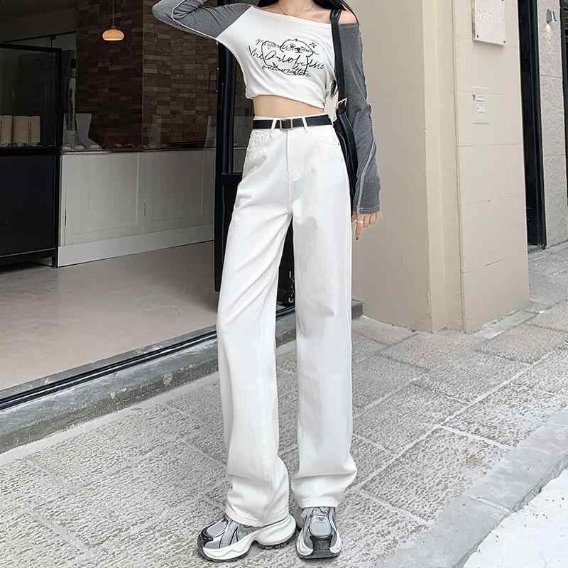 パンツ デニムパンツ レディース スタイリッシュ 女性用 白い ハイウエスト ワイド レッグ ジーンズ 春秋 スリム ドレープ ストレート