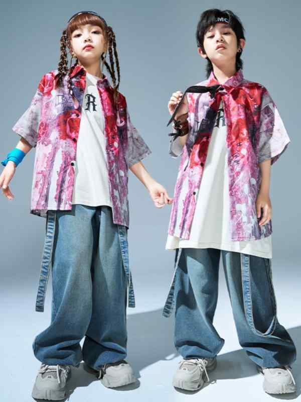 子供服 キッズ ダンスウェア 花柄 デニム ヒップホップ パフォーマンス ストリート ユニーク カジュアル アクティブ スポーティー