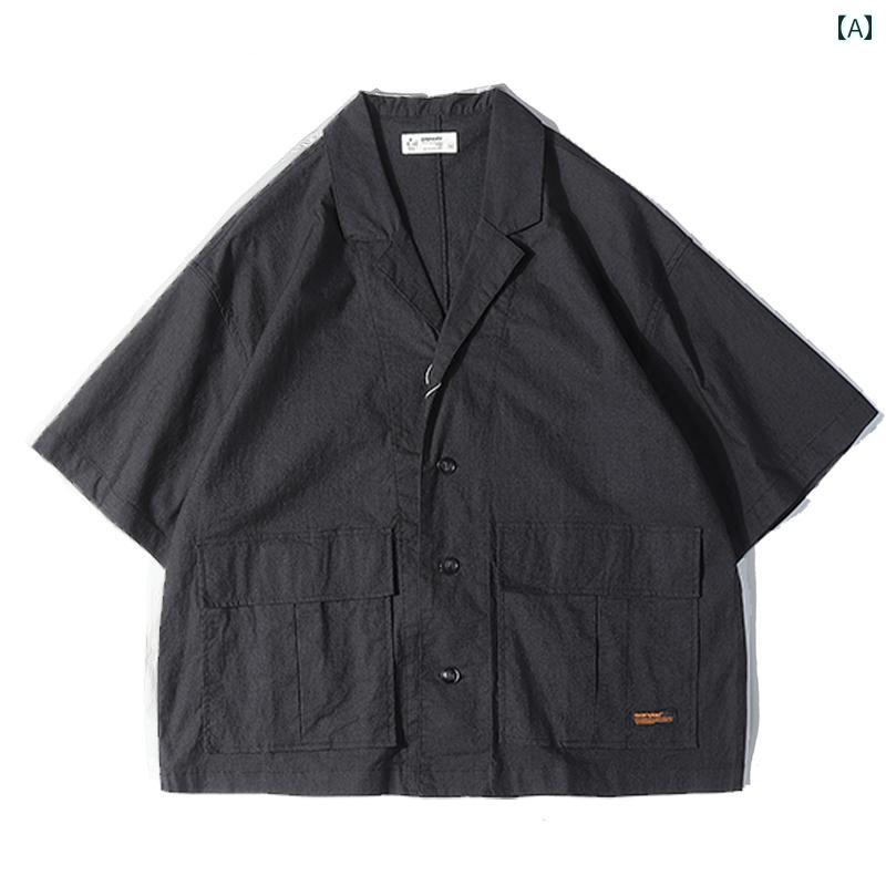 カジュアル シャツ メンズ ファッション ゆったり レトロ ワークシャツ 半袖 無地 マルチ ポケット ジャケット トップス メンズ