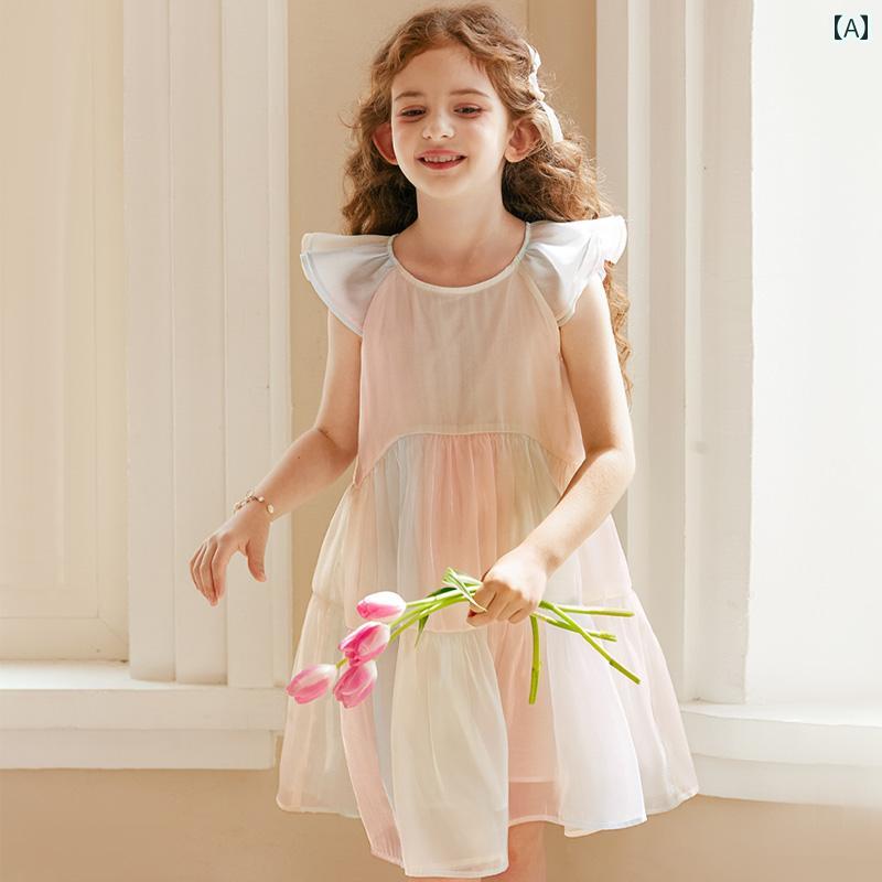 ドレス スカート キッズ ワンピース おしゃれ かわいい 女の子 子供服 サマー 小さい 飛行 袖 光沢 子供 誕生日 グラデーション