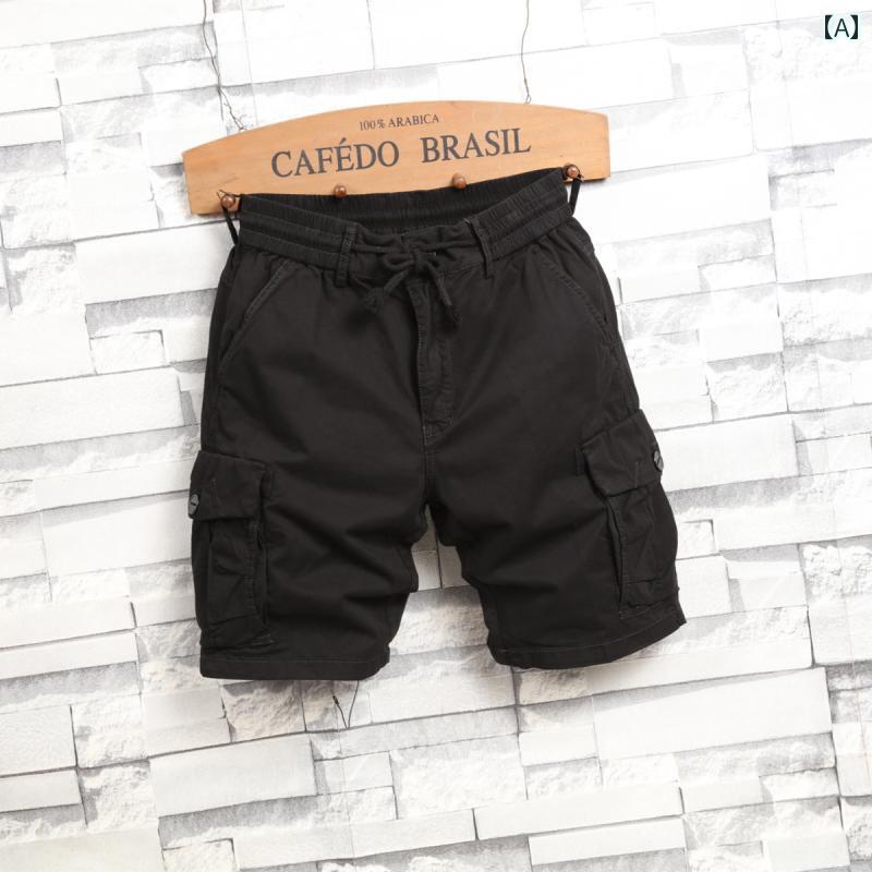 メンズ 夏 カジュアル パンツ ハーフ 半ズボン アウトドア 作業 ズボン 男性用 伸縮性 ウエスト カーゴ ショーツ 用 薄手 アウターウェア ゆったり 大きい ポケット 膝上 黒