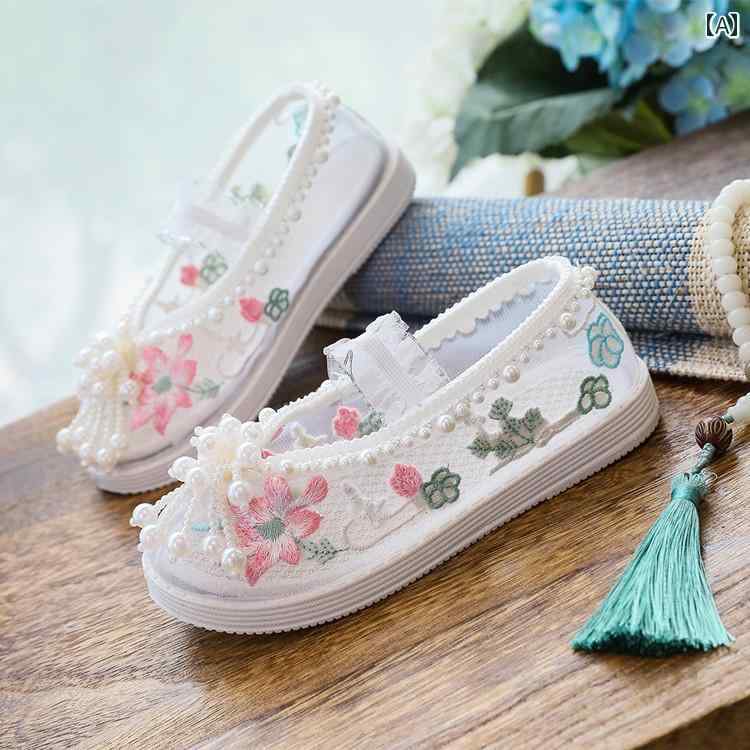 夏 子供靴 かわいい メリージェーン シューズ ベビー キッズ 歩きやすい 女の子 刺繍 靴 メッシュ サンダル アンティーク 衣装 漢服 パフォーマンス 古風 布靴