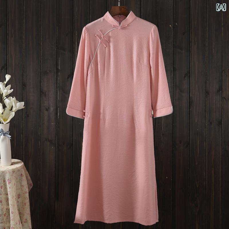 レディース ワンピース レトロ 中華風 リラックス ウェア 春 綿 リネン ドレス 韓服 チャイナ 文学 エスニック 瞑想 婦人服｜セキュアデポ