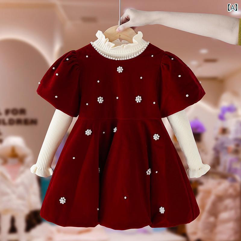 ドレス 女の子 プリンセス 秋冬 子供服 女児 赤ちゃん レッド ベルベット 厚手 クリスマス 正月