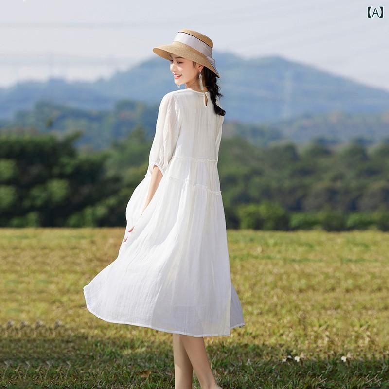 レディース 夏 サマー ワンピース きれいめ 上品 婦人服 マザーズ ハイエンド 白い ラミー ドレス 文学的 ゆったり 綿 リネン 写真撮影 フェアリー スイング 休暇 ビーチ スカート｜セキュアデポ