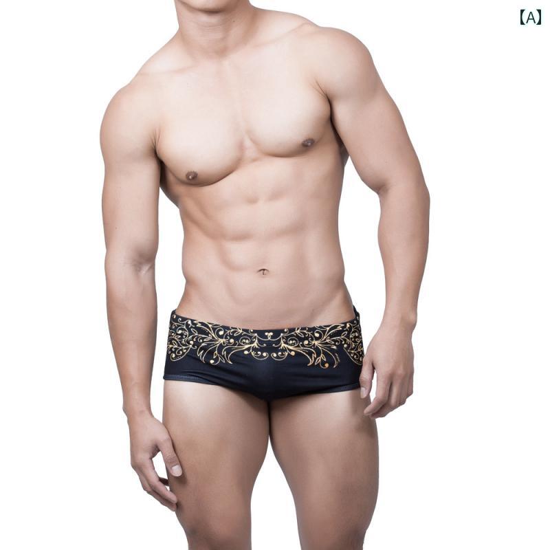 メンズ パンツ スイム ウエスト バンド プリント 葉 レトロ パターン ボクサー 水泳 温泉 速乾 魅惑的 小さい 男性用