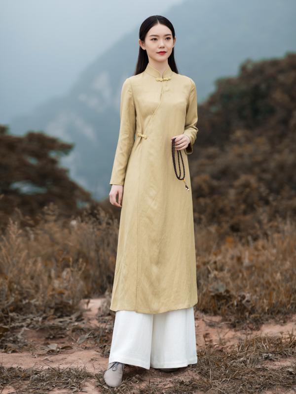 御召しもの レディース 秋 春 瀬戸もの服 アオザイ 中華風 レトロ バックル 漢服 瀬戸もの 成人女性 綿 麻 読みもの 美術 思い入れる服 茶師服 客あしらい