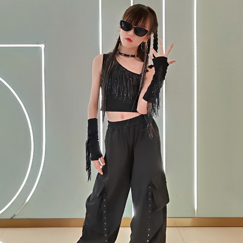 キッズ 子供服 ダンス 衣装 セット 韓国 ブラック フリンジ クール お腹見せ ファッション ヒップホップ ストリート ステージ パフォーマンス イベント フェス レジャー 普段使い使い