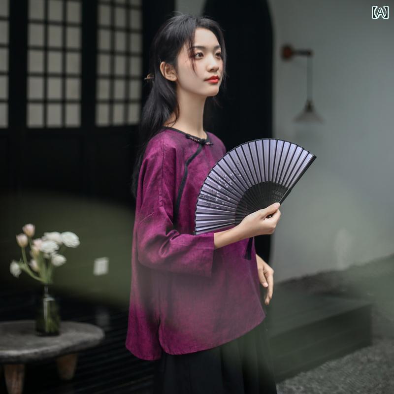 レディース 瀬戸もの風 セットアップ 口さかしい パープル リネン 中国 思いいれる茶師服 茶  春夏 気が大きい大きさ 唐装 気が大きい大きさ トップス 仕掛ける 細長い切口 ワイドレッグパンツ