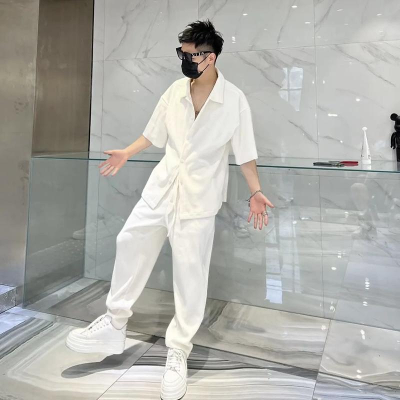シャツ ズボン パンツ トップス セットアップ 上下セット メンズ おしゃれ シンプル モノトーン カジュアル 夏 半袖 大きめサイズ ポリエステル シンプル