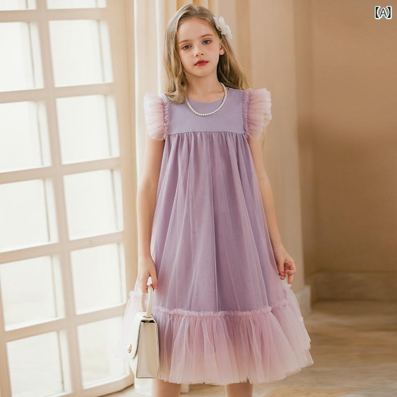 ドレス スカート キッズ ワンピース おしゃれ かわいい 女の子 子供服 夏 パフォーマンス ガーゼ パープル スタイル メッシュ 子供 プリンセス｜セキュアデポ