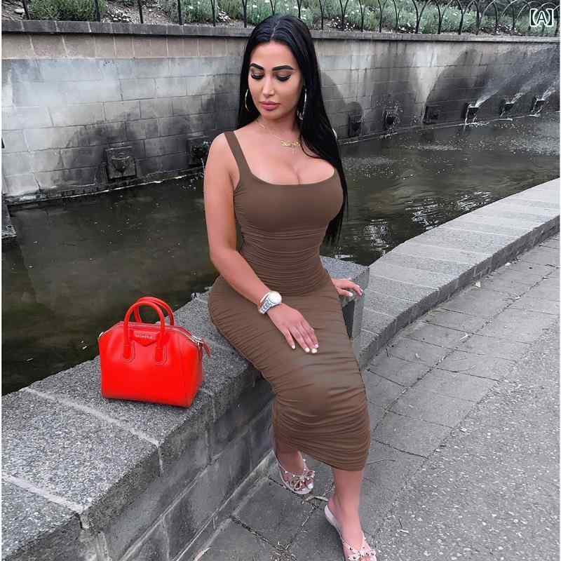レディース しわ ベスト ロング スカート スリム ヒップ カバー セクシー ドレス