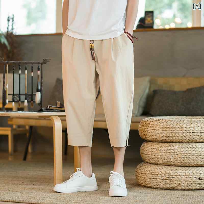 メンズ カジュアル 夏 パンツ マン 中華風 唐装 漢服 綿 リネン クロップド 大きいサイズ ショーツ ワイド レッグ