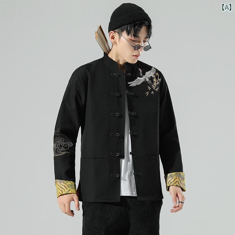カンフー ジャケット かっこいい チャイナ風 メンズ 春秋 刺繍 コート 漢服 中国 スタンドカラー プレート ボタン レトロ チュニック 唐 ジャケット 鶴
