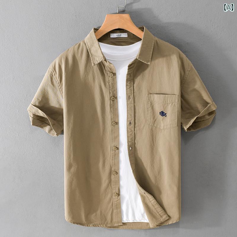 メンズ 夏 カジュアル トップス シャツ サマー 男性用 ワークウェア 半袖 用 ソリッドカラー コットン アミ カーキ ダブル ポケット