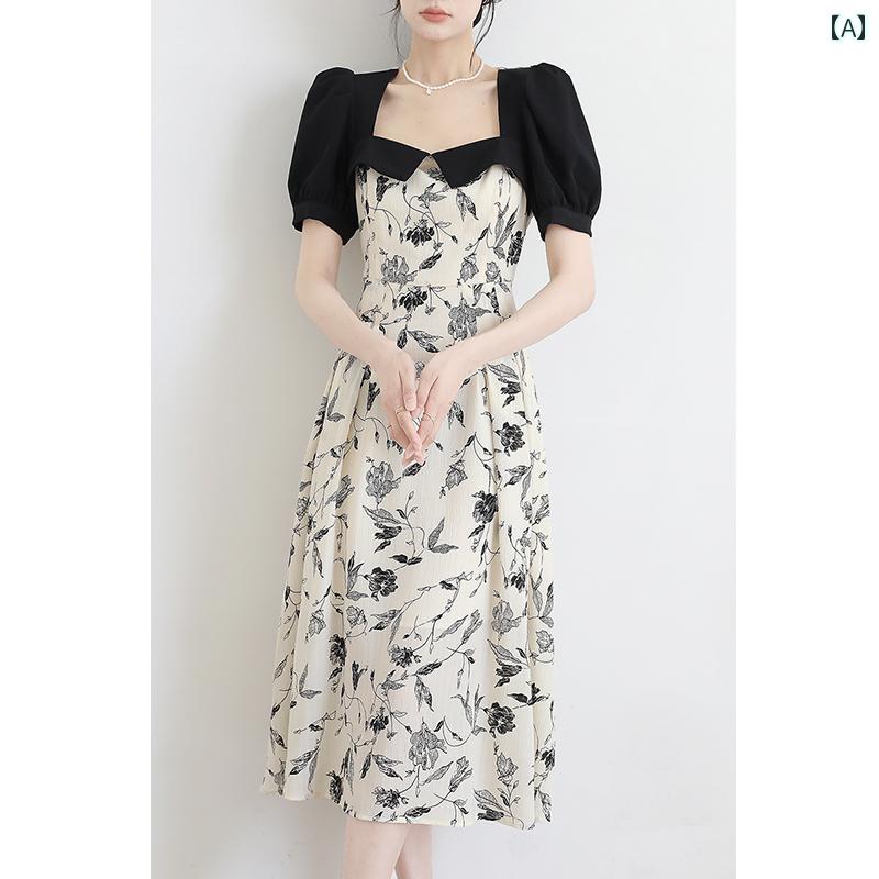 レディース 夏 ワンピース かわいい フラワー フレンチ プリント ドレス レトロ スプライシング 花柄 スクエアネック パフスリーブ ミドル丈 スカート