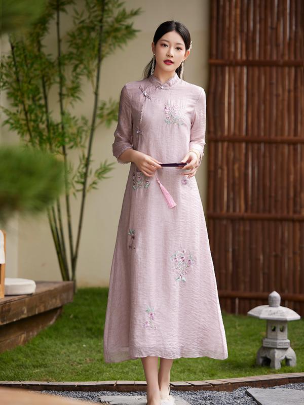 ドレス 春 夏 チャイナ 民族衣装 レトロ 民族風 ボタン 刺繍 中華風 女性 フェアリー 中国 茶 女性
