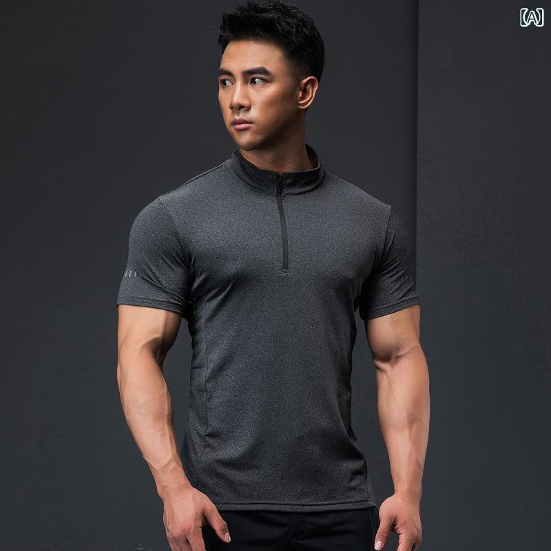 トップス メンズ フィットネスウェア スポーツ 速乾 通気性 高弾性 スタンドカラー 半袖 Tシャツ 筋トレ 吸汗性