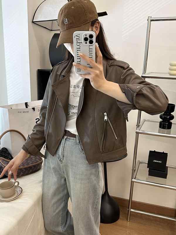 ジャケット 秋 ショート スリム レザー 女性 韓国 スリム V ネック オートバイ