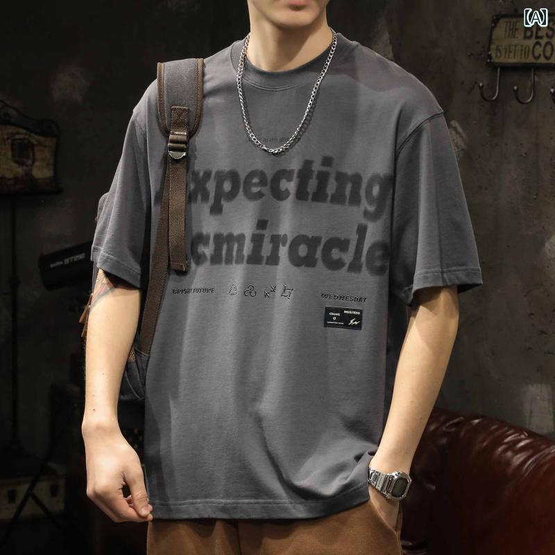 シャツ Tシャツ メンズ レトロ ヘビーウェイト 半袖 夏 綿 プリント イン ラウンドネック ストリート ゆったり 大きいサイズ レイヤリング