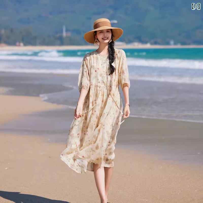 レディース 夏 サマー ワンピース きれいめ 上品 婦人服 マザーズ 薄手 ラミー ドレス 海辺 休暇 プリント ミッド スリーブ ビーチ ロング