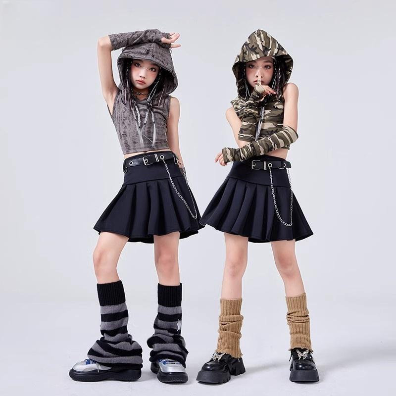 キッズ 子供 ダンス 衣装 セット フードタンクトップ ミニスカート お腹見せ ヒップホップ ストリート ステージ パフォーマンス ファッション 韓国 おしゃれ かわいい レジャー 普段使い使い
