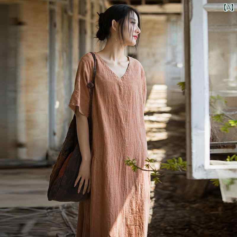 レディース ワンピース レトロ 中華風 リラックス ウェア リネン 絞り染め ドレス 女性 四分袖 V ネック スリミング ロング コットンリネン スカート a ライン