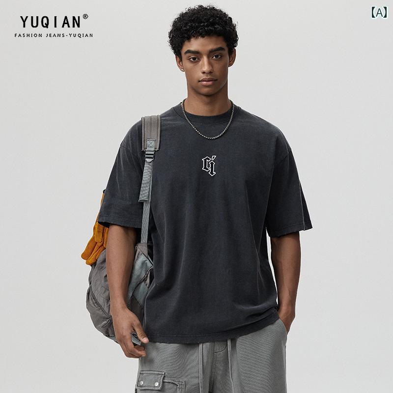 Ｔシャツ 夏 メンズ トップス 大層らしい大いさ ゆったり 成人男性服 ティーシャツ レトロ 不都合産業 半袖 アメリカン 綿織物 ウォッシュ 刷り上げる 流行り物