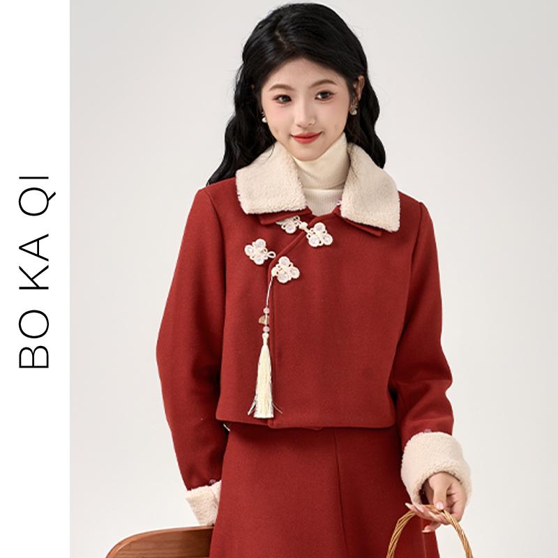 ジャケット トップス レディース ファッション 秋冬 毛皮 襟 ディスク ボタン ショート 女性 ガーリー カレッジ 中華風 ウール ファッション