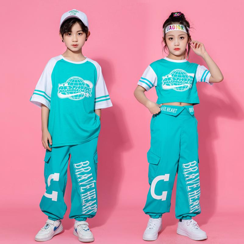 子供 キッズ ダンス 衣装セット 半袖 ブルー 韓国 おしゃれ イベント フェス レジャー スポーツ アウトドア 体操 普段使い使い 動きやい パフォーマンス ヒップホップ ストリート