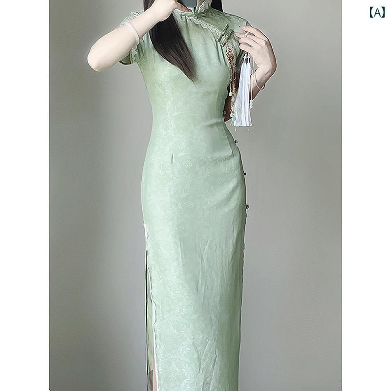 ドレス チャイナ コスプレ パフォーマンス 撮影 衣装 レディース 緑 フレッシュ フェミニン ハイエンド 夏 ガールズ デイリー ロング