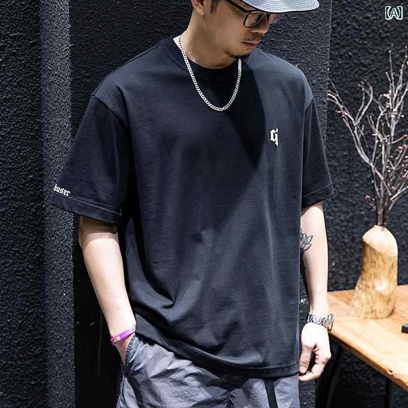 Tシャツ アメリカン シンプル 半袖 シャツ メンズ 夏 ゆったり 大きめサイズ ボーイズ 綿 ラウンドネック レジャー 刺繍