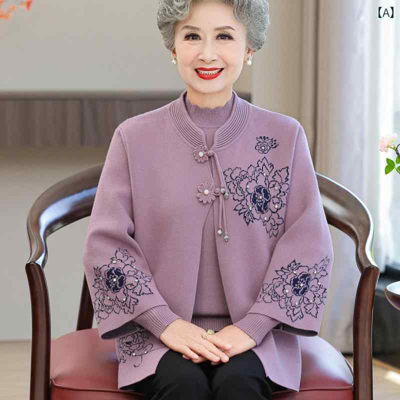 婦人服 セットアップ カジュアル レディース セーター ニット エレガント クラシック トップス パンツ ズボン シニア 秋冬 カーディガン 春秋 唐装 2点セット チャイナ風