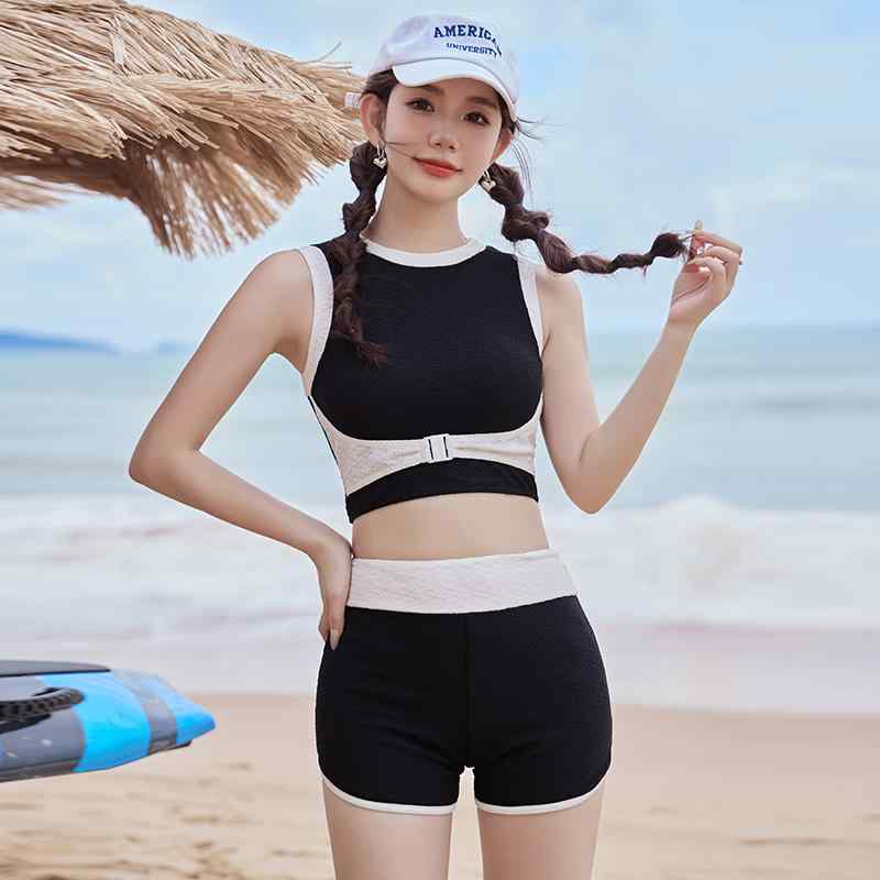セパレート 海水着 レディース ご機嫌酉の方角 ボクサー ブリーフ 分かりやすい 運動競技  か細い 2点 仕掛ける  水浴び 読み合わせる ラウンドのど首 黒 白 心地好い 水着-レディースファッション