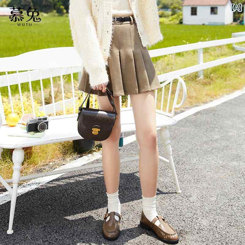 レディース ボトムス カーキ プリーツスカート 女性 秋 ハイウエスト スリム カレッジ a ライン JK スカート ショート