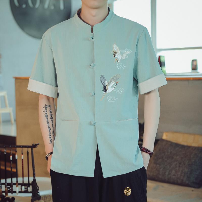 シャツ メンズ 夏 トップス リネン 半袖 T 男性 新 中華風 紳士服 綿 リネン 刺繍 唐 スーツ 半袖 T