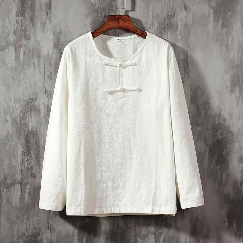 シャツ メンズ 秋 長袖 中華風 ディスク ボタン 綿 リネン T ラウンドネック 中華風 レトロ リネン トップス