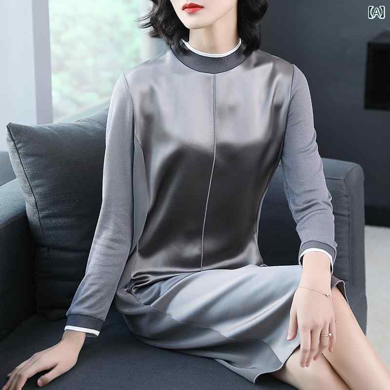 レディース ワンピース きれいめ 上品 ミセス マザーズ 体型カバー 婦人服 ドレス 女性 春秋 長袖 スプライシング ミドル丈 ロング スカート チャイナ 中華風｜セキュアデポ