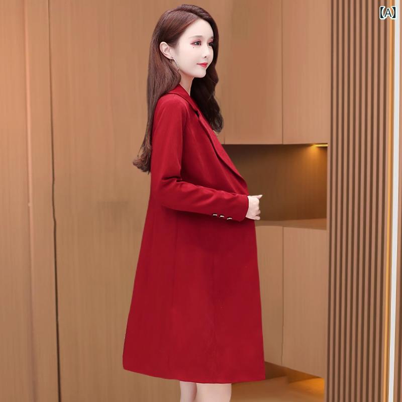 上衣 御っ母さん レディース 赤 厚地の外套 薄っぺら アウター 時間服 韓国 か細い相応う 丈 レディースファッション-コート・ジャケット