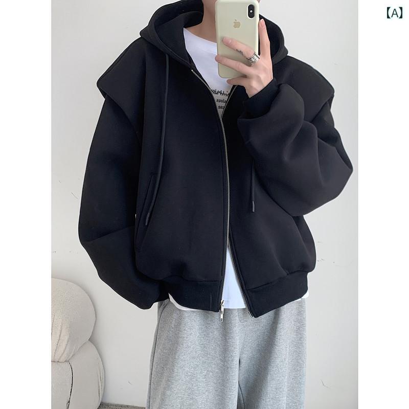 ジャケット 韓国 フェイク ツーピース フード付き スウェットシャツ 男女兼用 シルエット ストリート オーバー サイズ ショルダーパッド