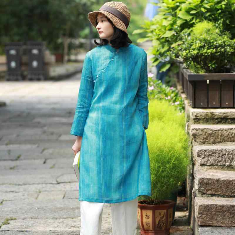 ワンピース エスニック ナチュラル リラックスフィット レディース 婦人服 チャイナ風 中華風 アオザイ風 レトロ 綿麻 春