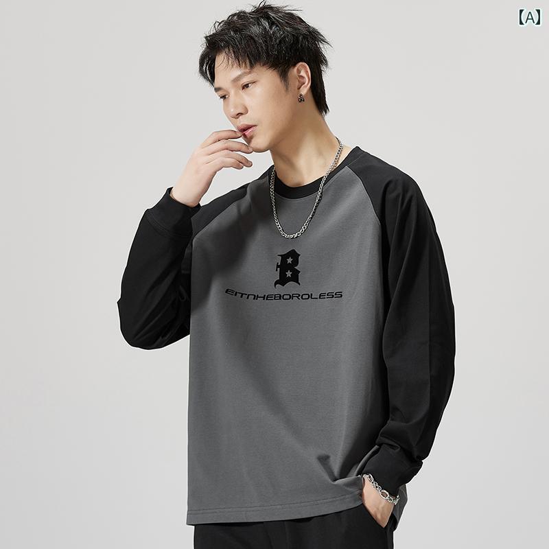 Tシャツ アメカジ ラウンドネック スウェットシャツ 長袖 シャツ メンズ ゆったり 春秋 ストリート シャツ トップス テキスト