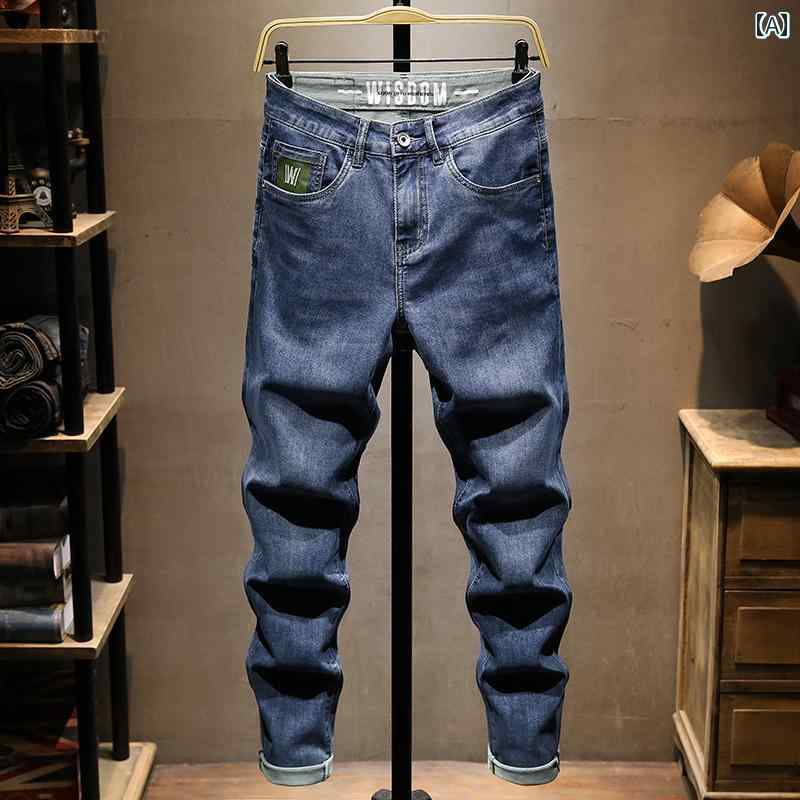 夏 パンツ デニム ジーパン 男性用 春 薄手 ジーンズ スリムフィット 足首細 ブルー ストレッチ マイクロ