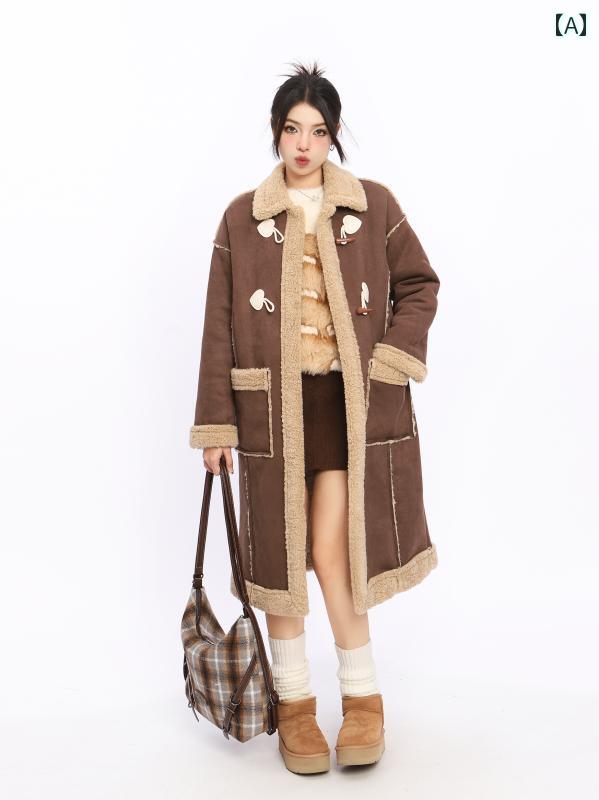 コート レディース カジュアル ポロ襟 ホーンボタン 冬 長袖 厚手 ストレート ポケット ジッパー かわいい ガーリー おしゃれ ウィンターコーデ 暖かい
