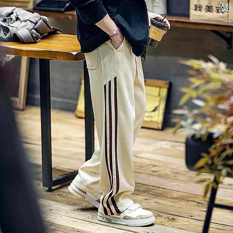 メンズ 春秋 ストレート スウェット パンツ アメリカン カジュアル 大きめサイズ ストライプ レジャー コントラストカラー ロング