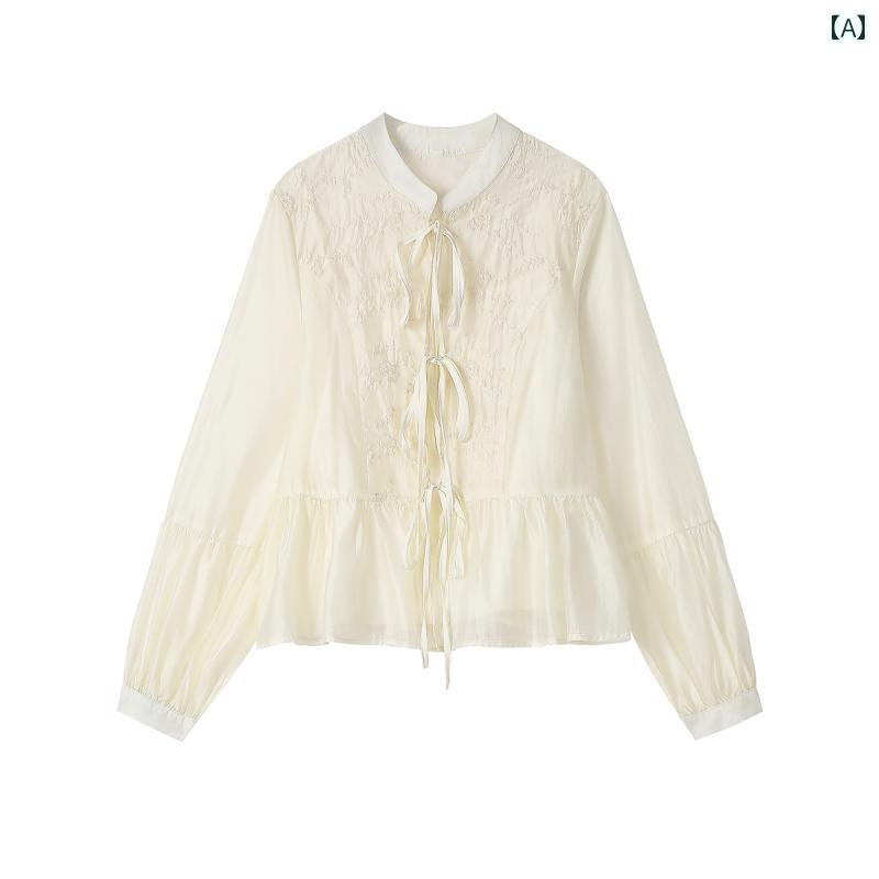 レディース 夏 ファッション 中華風 高級感 ゆったり スリム シック 美しい 長袖 シャツ 女性用 小さい トップス 春