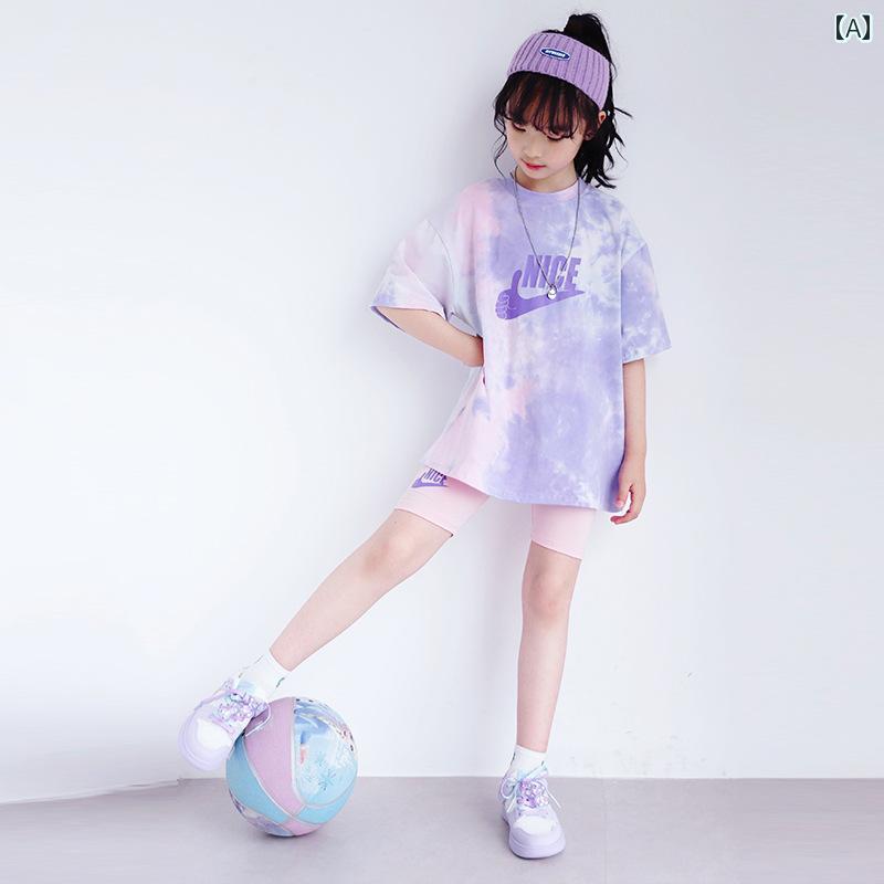 女の子 ガールズ カジュアル スーツ 夏 ガールズ プルオーバー 半袖 Tシャツ スポーツ ショーツ 子供用 2点 セット